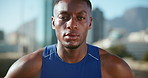 Fitness, breathe and face of black man in city for exercise, marathon training and workout outdoors. Sports, runner and tired person for wellness, performance and challenge for endurance in town