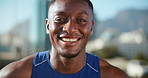 Fitness, happy and face of black man in city for exercise, marathon training and workout outdoors. Sports, runner and portrait of person for wellness, performance and challenge for endurance in town
