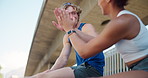 High five, runner or people with fitness celebration, workout goals or outdoor training target. Coach, happy personal trainer or athlete friends with running performance achievement, smile or support