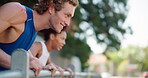 Fitness, man or couple in city for push up, workout and exercise for active health, balance or strong core. Incline movement, people or athletes on bar for outdoor training, wellness or muscle growth