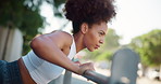 Fitness, balance and woman in city for push up, workout and exercise for active health or strong core. Incline movement, girl or female athlete on bar for outdoor training, wellness or muscle growth