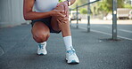 Fitness, runner and hands with knee pain outdoor with joint ache, running accident and sports injury. Athlete, woman and exercise mistake with leg tension, inflammation and muscle sprain on sidewalk