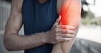 Fitness, hands and arm inflammation outdoor with joint ache, workout accident and massage muscle tension. Male athlete, exercise and strain with sports injury, painful or training mistake on sidewalk