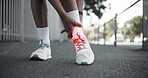 Athlete, hands and ankle pain on street with injury, fatigue and sprain with inflammation in city. Person, runner and overlay for fitness, workout and exercise with joint ache and stress on sidewalk