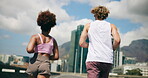 Athlete, couple and running for fitness in city for exercise, cardio and workout of marathon practice. Back, people and sports training for endurance performance, partner support and morning routine