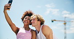 Fitness, workout and couple with selfie outdoor for training memory, social media post and peace sign. Interracial people, photography and high five on rooftop for running success and cardio exercise