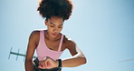 Outdoor, breathing or black woman with smart watch, exercise or challenge with fatigue, sky or break. Healthy person, athlete or runner with training, check time or progress with space or wellness