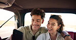 Smile, couple and selfie in car for road trip photography, social media post and adventure memory. Happy, people and embrace for profile picture update, travel journey and bonding together on holiday