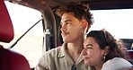 Road trip, hug and couple in car, holiday and bonding with partner in transport, window and journey. Embrace, man and woman in vehicle for vacation, travel and happy for scenery on date or people