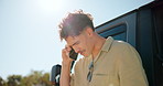 Man, phone call and outdoor on road trip for signal search, contact and confused on holiday in countryside. Person, bad connection and listen by car, talk and frustrated on vacation in Australia