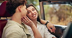 Road trip, happy and couple in car for travel on holiday, vacation and adventure for honeymoon. Countryside, destination and man and woman talking in vehicle for transport, journey and driving