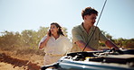 Phone call, emergency and couple on road with car for accident, crisis and vehicle problem. Travel, transport and man and woman talking on smartphone for roadside assistance, service and insurance
