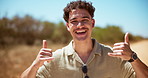 Smile, call me sign and man on holiday, vacation and talk on safari trip on dirt road. Face, shaka hand gesture and person outdoor with hang loose emoji for adventure, travel and connection symbol