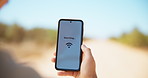 Nature, phone screen and hands of person with no signal, connection issue and networking problem. Service, location and smartphone with notification for emergency, crisis and internet in countryside