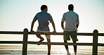 Back, men and relax on beach outdoor for summer vacation, ocean travel and bonding together. People, friends and fist bump for holiday destination, calm morning and weekend break of tropical getaway 