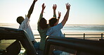 Road trip, car and friends with freedom at beach for travel adventure, sightseeing nature or sunrise celebration. Back, wave or people with holiday destination on promenade for bonding, break or view