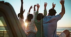 Road trip, car and friends with freedom at ocean for travel adventure, sightseeing nature and sunrise celebration. Back, hug and people with holiday journey on promenade for bonding, break and view