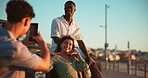 Smartphone, travel and people with picture, smile and bonding together with vacation. Friends, outdoor and group with summer holiday, cellphone or digital app for photography, capture moment or break