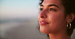 Smile, thinking and woman on beach outdoor for summer idea, planning and vacation memory. Female person, thoughts and wind for reflection, calm morning and weekend break of holiday getaway in Florida