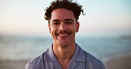 Face, happy and man on beach outdoor for summer vacation, ocean travel and tropical island. Portrait, smile and person for holiday at destination, calm morning and weekend break of getaway in Florida