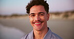 Face, smile and man on beach outdoor for summer vacation, ocean travel and tropical island. Portrait, happy and person for holiday at destination, calm morning and weekend break of getaway in Florida