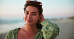 Face, beach and woman with smile, breeze and vacation with weekend break, relax and travel. Portrait, seaside and happy person with summer holiday, ocean and nature with tropical island and Zanzibar