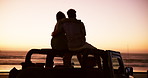 Road trip, hug or couple at sunset for beach, travel adventure or mockup space on holiday. Back view, ocean or silhouette of people on car at sea for bonding, love or romantic outdoor date together