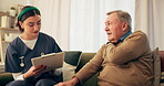 Senior man, nurse and shoulder pain with clipboard, support and healthcare for retirement. Patient, caregiver and diagnosis with checklist for nursing home, rehabilitation and medical elderly care