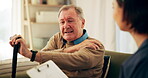 Elderly man, nurse and shoulder pain with cane, support and healthcare for retirement. Patient, caregiver and person with a disability for nursing home, rehabilitation and medical senior care