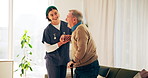 Help, walking and caregiver with senior man in home for assisted living, medical service and care. Retirement, healthcare and nurse with elderly person for rehabilitation, support and recovery