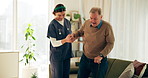 Help, walking and nurse with senior man in home for assisted living, medical service and care. Retirement, healthcare and caregiver with elderly person for walking, support and recovery with cane