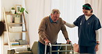 Help, walker and nurse with senior man in home for assisted living, medical service and care. Retirement, healthcare and caregiver with elderly person for walking, support and recovery with cane