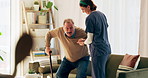 Help, walking and nurse with old man in home for assisted living, medical service and care. Retirement, healthcare and caregiver with elderly person for mobility, support and recovery with cane