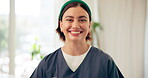 Face, caregiver and woman with smile, healthcare and volunteer with opportunity in nursing home or happy. Medical professional, nurse and person with internship in assisted living facility and Canada