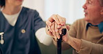 Senior man, nurse and hands with cane, support and healthcare for retirement. Patient, caregiver and person with a disability for nursing home, rehabilitation and medical elderly care and empathy