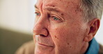 Home, old man and thinking in retirement with depression, mental health and remember past memory. Face, senior person and pensioner with anxiety for nostalgia, dementia and lonely in nursing house