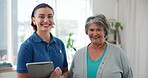 Face, senior patient or physiotherapist with tablet for healthcare, consultation or about us in practice. Happy, elderly woman or specialist with tech for client information, registration app or care