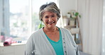 Happy, face and senior woman in physical therapy office for recovery, healthcare or treatment plan. Smile, confident and portrait of elderly patient in retirement at medical center for physiotherapy.