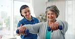 Physiotherapy, senior woman and weights in practice for rehabilitation, mobility exercise and happy for recovery progress. Specialist, elderly patient and support for wellness with muscle development