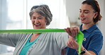 Physiotherapy, resistance band and health with old woman in clinic for consulting, stretching or fitness. Orthopedic, physical therapy and healing with patient in office for rehabilitation or support