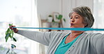 Resistance band, physiotherapy and woman stretching for wellness, medical service and consulting. Healthcare, physical therapy and person with equipment for rehabilitation, recovery and support