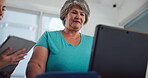 Treadmill, tablet and consulting with old woman in physiotherapy for heart rate, monitor and fitness report. Rehabilitation, cardio health stats and low angle with people for patient results