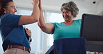 Treadmill, tablet and high five with old woman in physiotherapy for support, monitor and fitness report. Rehabilitation, cardio health stats and low angle with person in clinic for patient success