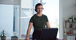 Home, fitness and woman with treadmill, exercise and challenge with machine to track progress. Person, apartment and athlete in living room, equipment for workout and monitor heart rate with wellness