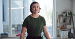 Home, fitness and woman with treadmill, face and challenge with machine to track progress. Person, wellness and athlete in living room, equipment for workout and monitor heart rate with exercise
