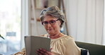 Senior woman, home or tablet for reading banking info, wealth management or online subscription. Website, technology or elderly person in lounge for retirement research, check pension fund or news