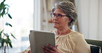 Senior woman, home or tablet for thinking of banking info, wealth management or online subscription. Investment ideas, plan or elderly person in lounge for retirement research, pension fund and news
