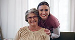 Happy, face and nurse with senior woman for assisted living, medical service and care in home. Retirement, healthcare and portrait of caregiver with elderly person for support, help and health