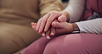 Hands together, support and nurse with patient for comfort, disease diagnosis or counselling for illness. Closeup, healthcare or sick person in home with caregiver, advice or help for empathy or hope