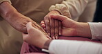 People, holding hands and empathy for healthcare with love, care and trust. Patient, caregiver and nurse with kindness or compassion and medical therapy for help, respect and support or assist